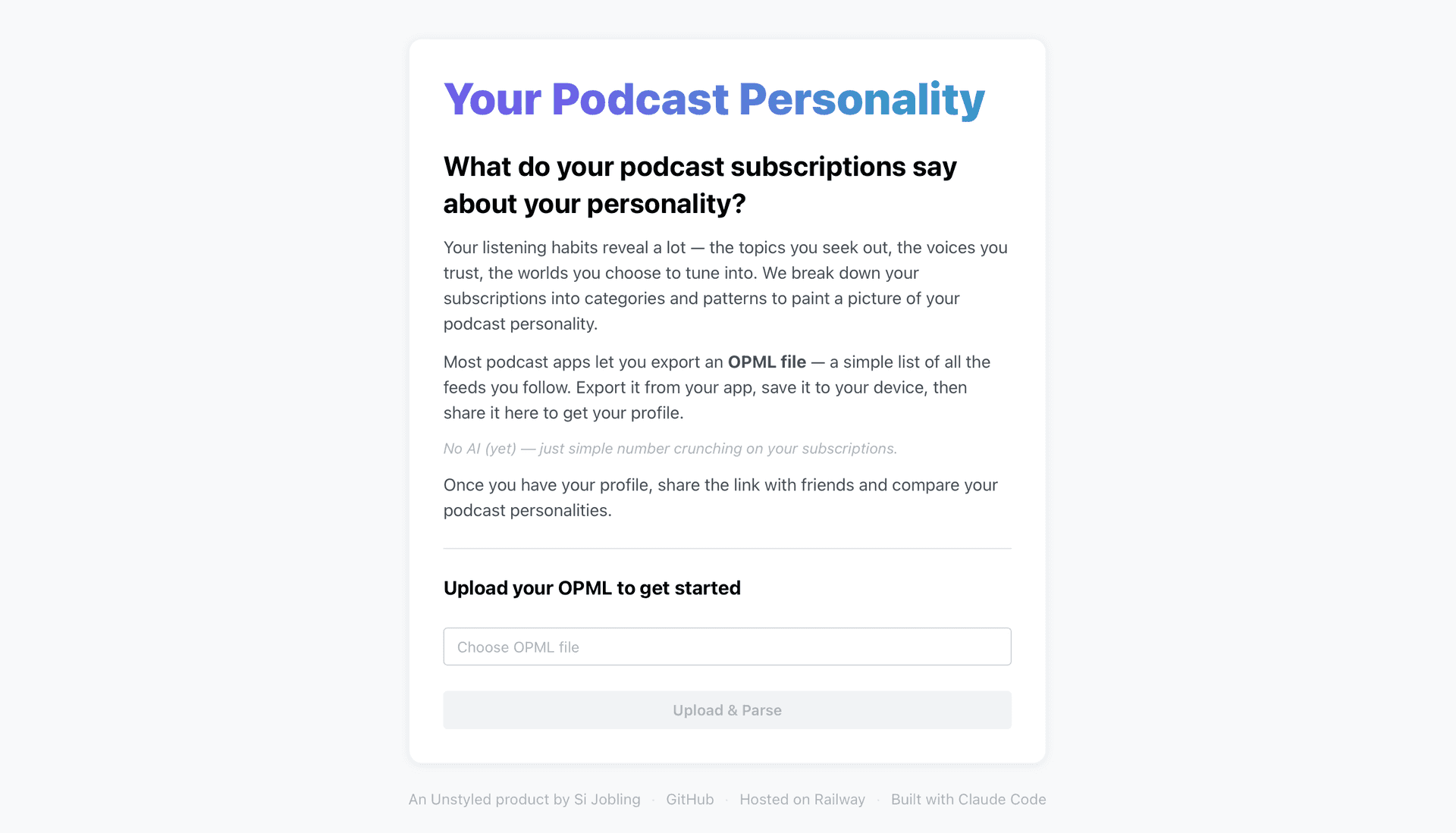 Podnality homepage — upload your OPML file to get started